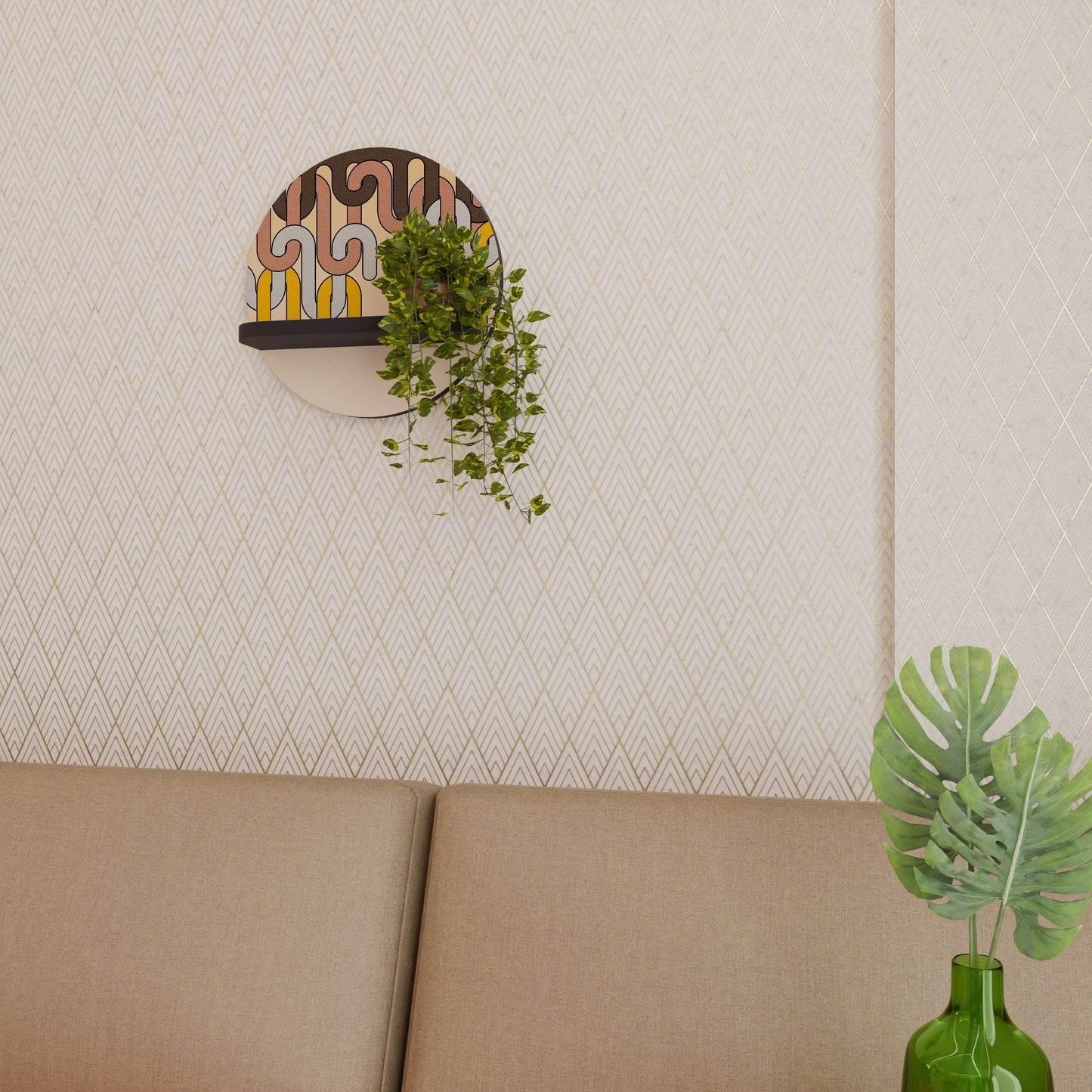 COLORFUL STRINGS Round Art Shelf In Black Finish