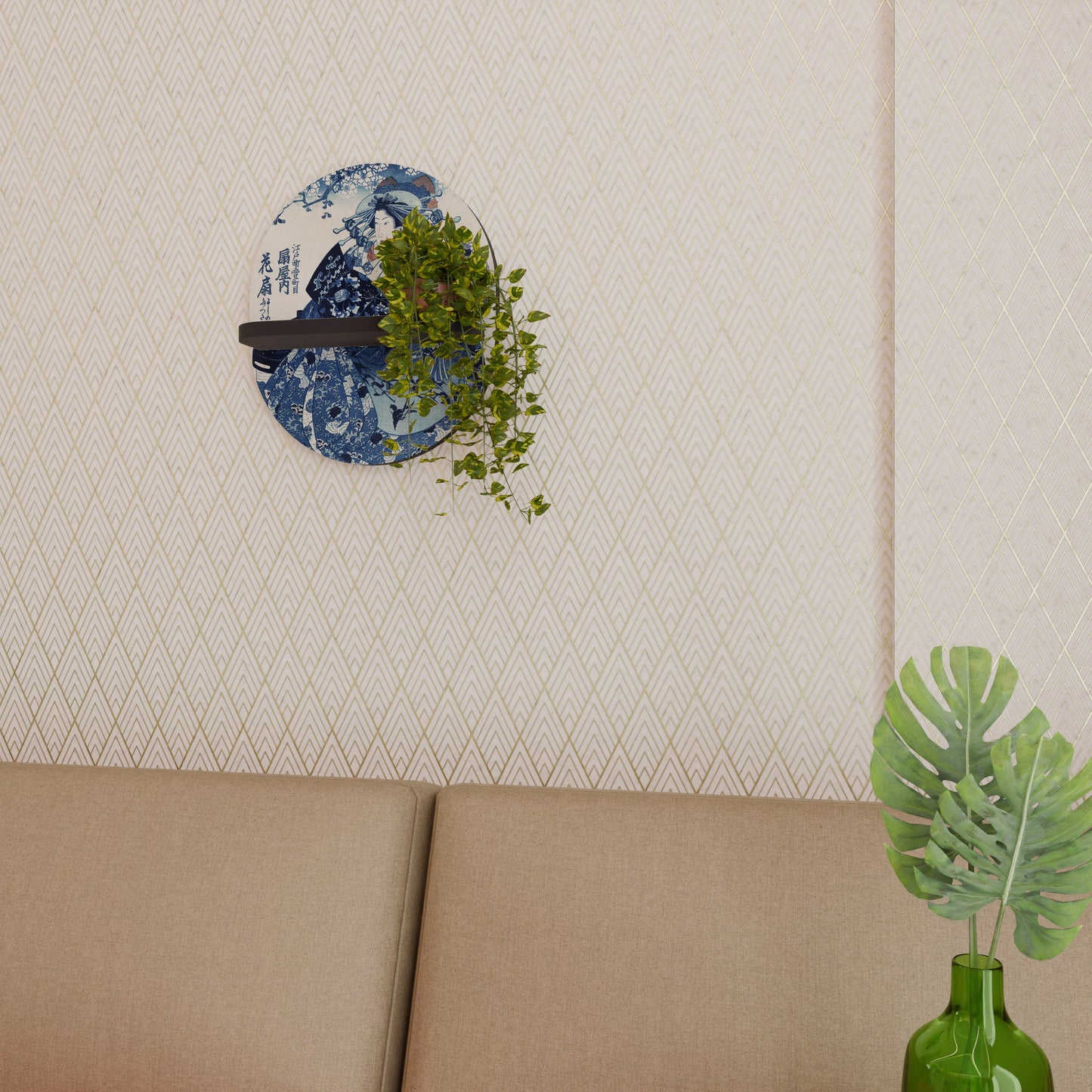 JAPANESE WOMAN Oval Art Shelf In Black Finish