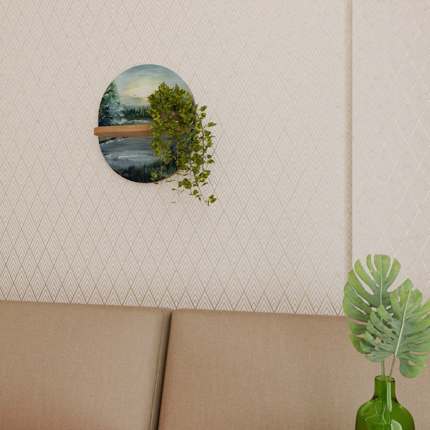 FOREST SUNSET Oval Art Shelf In Oak Effect