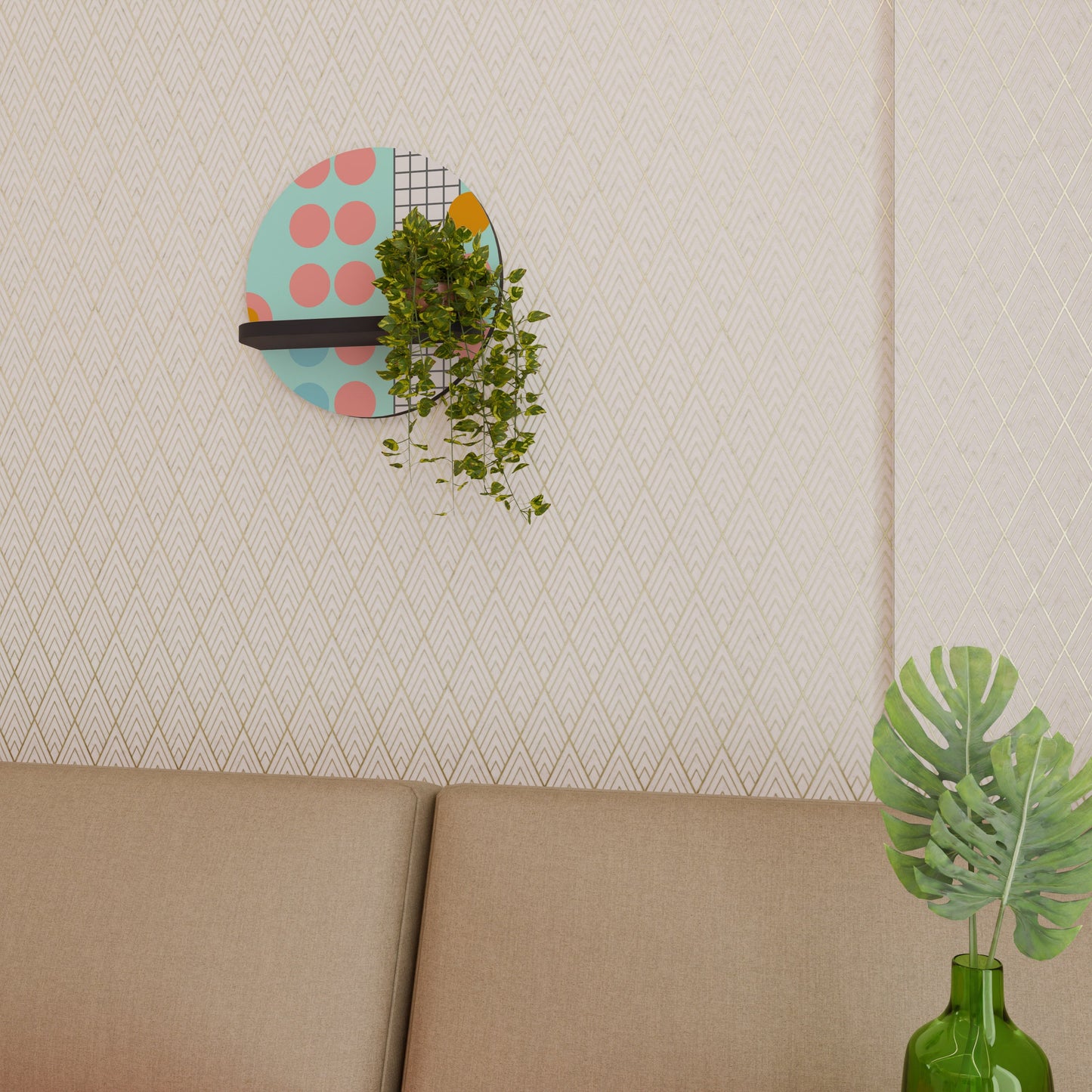 RETRO GRID Round Art Shelf In Black Finish