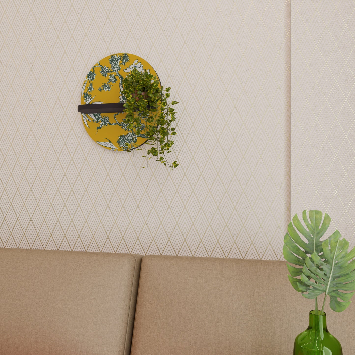 YELLOW CHINOISERIE Oval Art Shelf In Black Finish