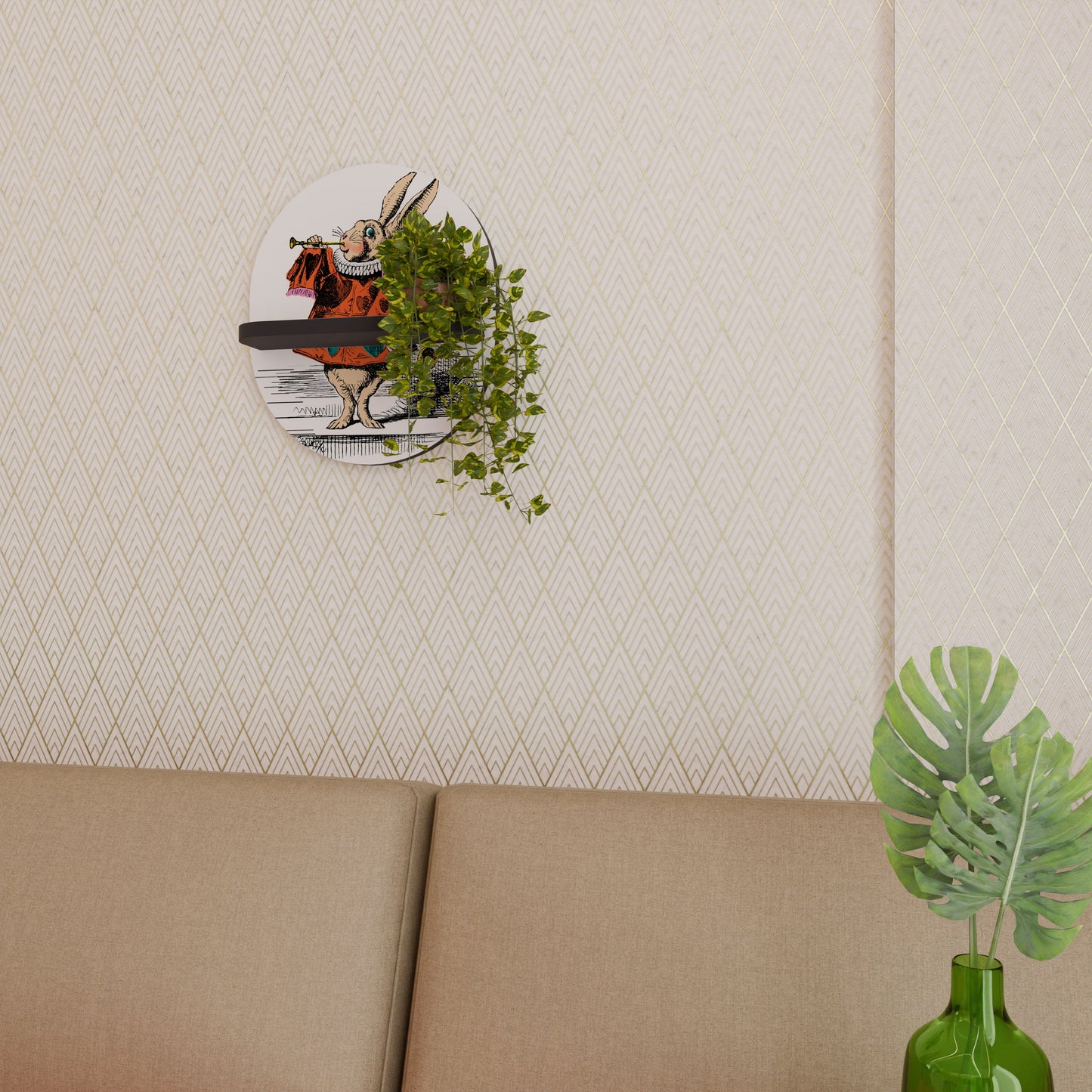 COLORFUL WHITE RABBIT Oval Art Shelf In Black Finish