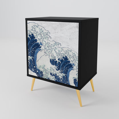 THE GREAT WAVE AT KANAGAWA 1-Door Sideboard in Black Finish