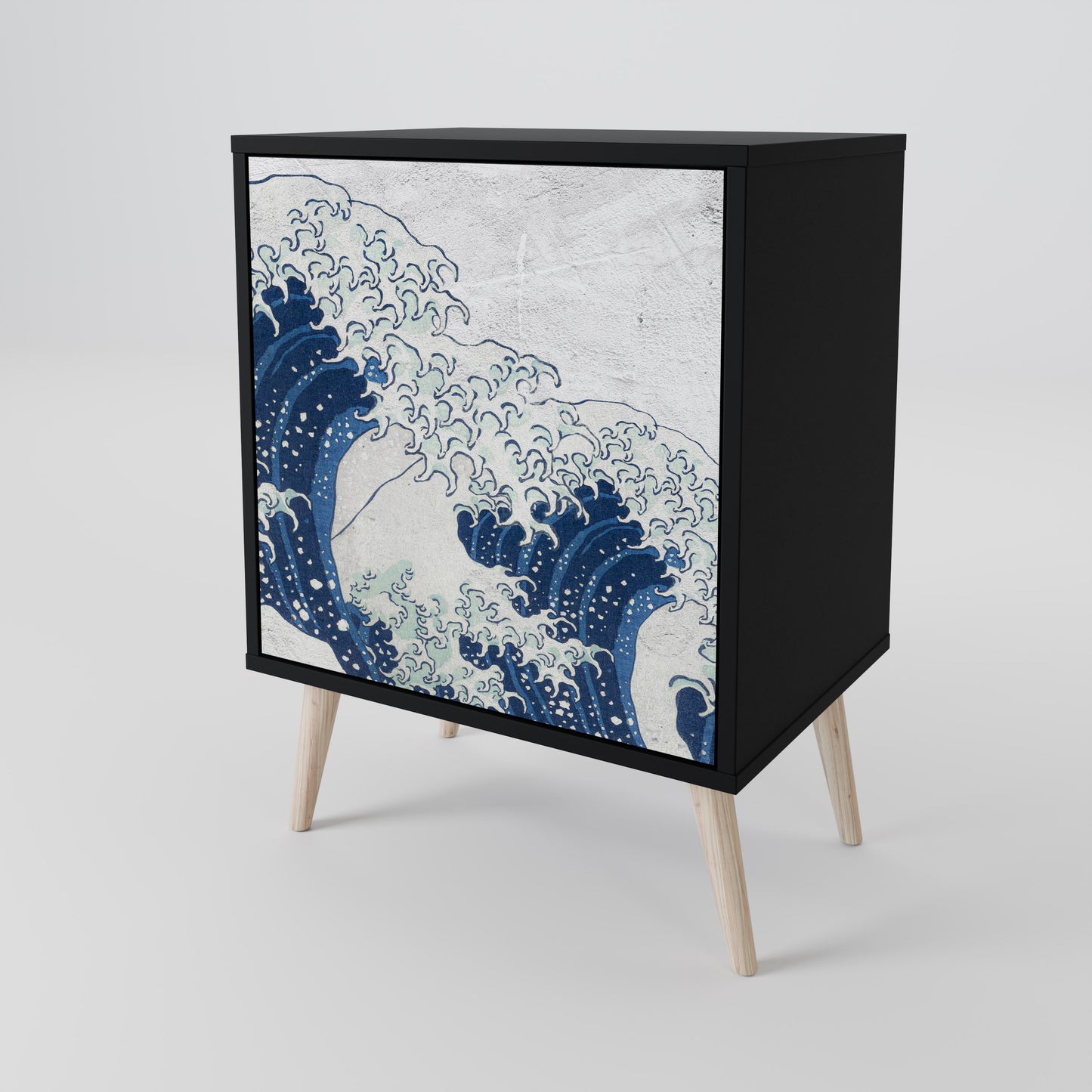 THE GREAT WAVE AT KANAGAWA 1-Door Sideboard in Black Finish