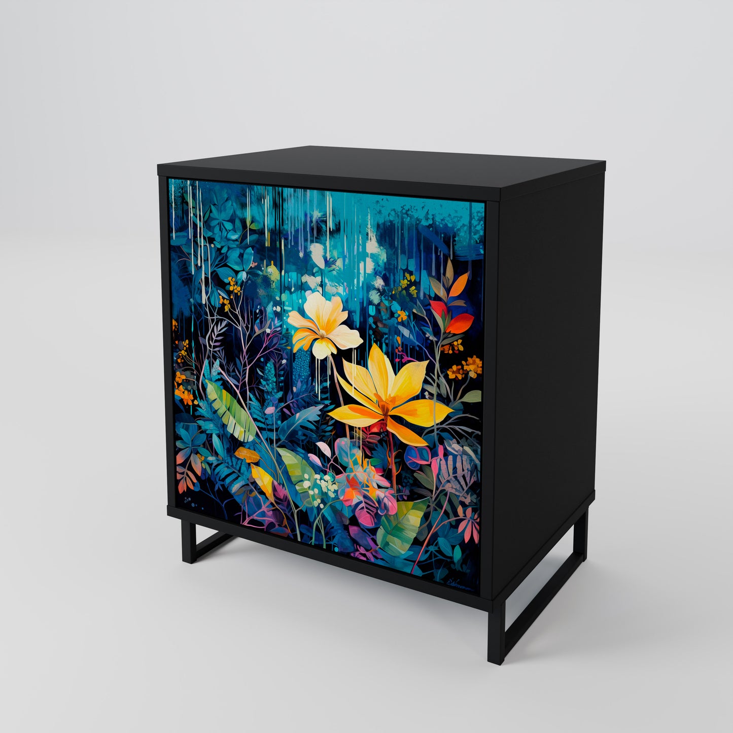 MIDNIGHT BLOSSOM 1-Door Sideboard in Black Finish