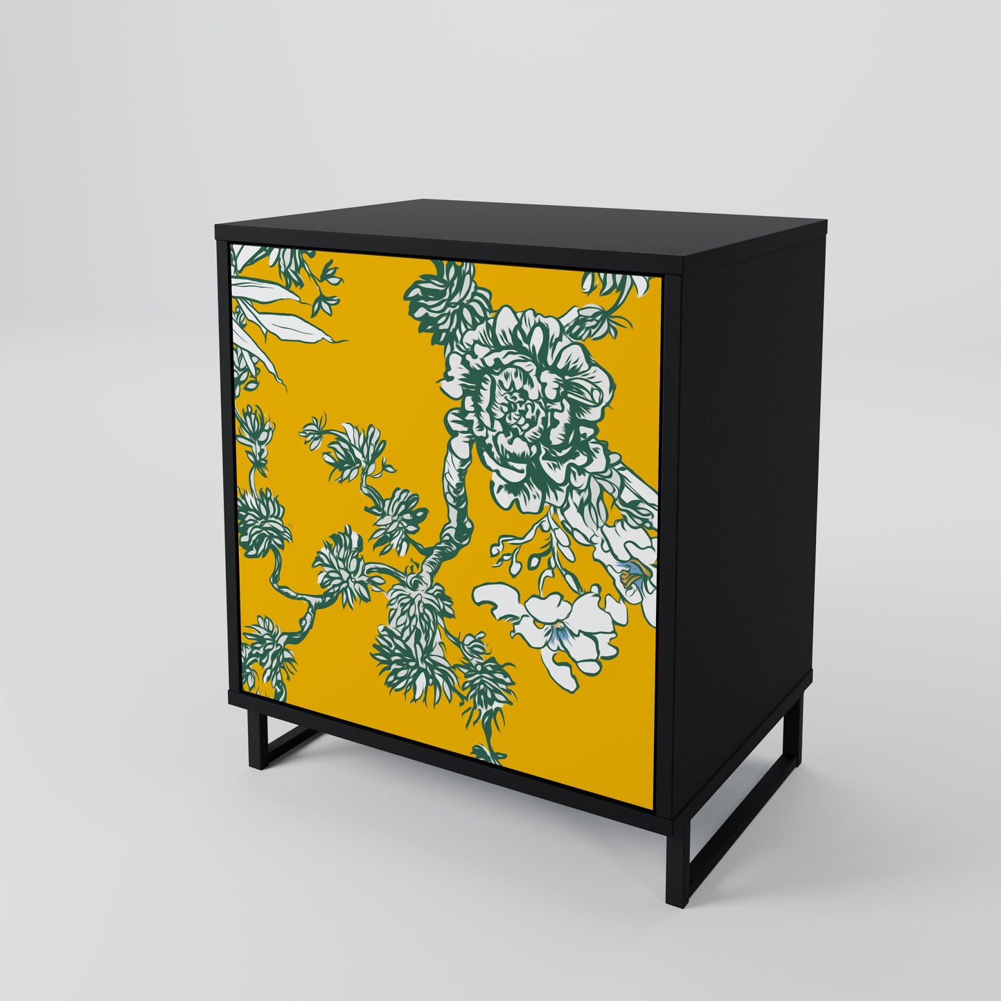 YELLOW CHINOISERIE 1-Door Sideboard in Black Finish