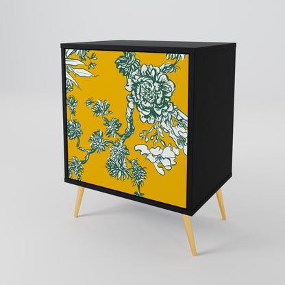 YELLOW CHINOISERIE 1-Door Sideboard in Black Finish