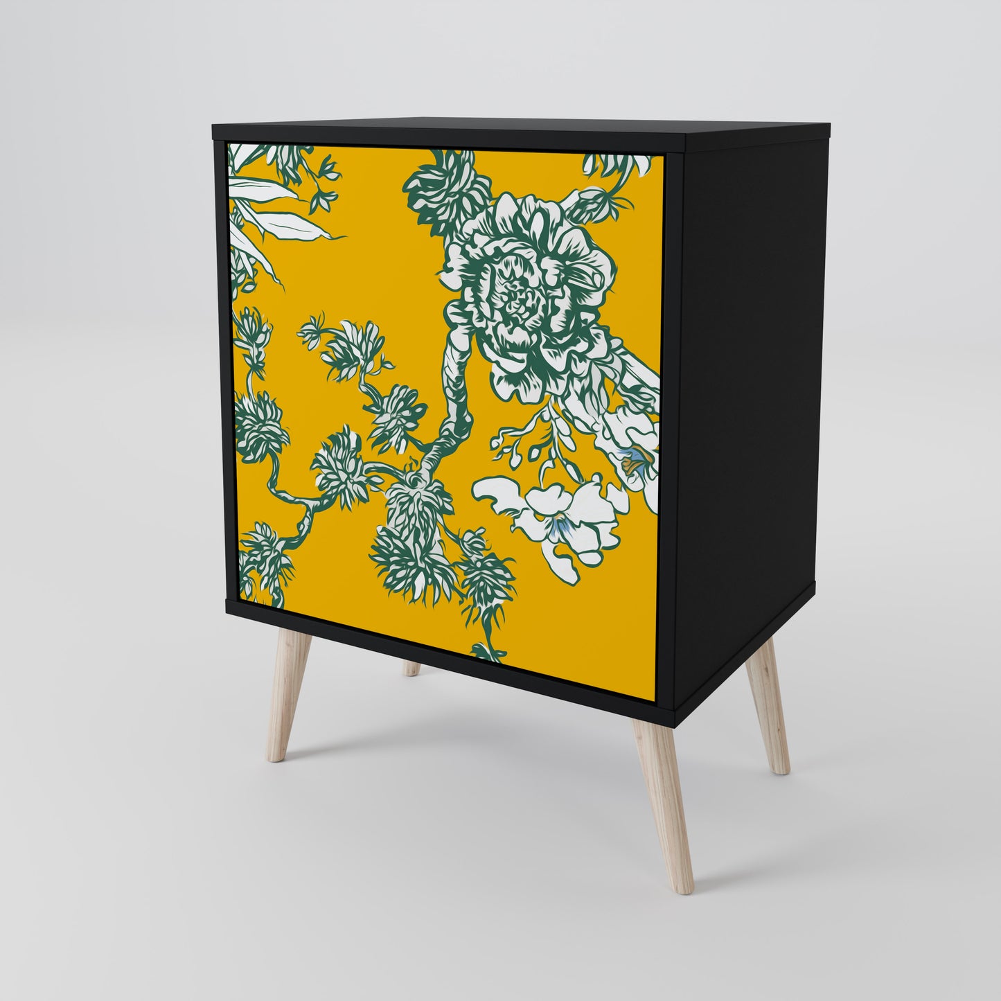 YELLOW CHINOISERIE 1-Door Sideboard in Black Finish