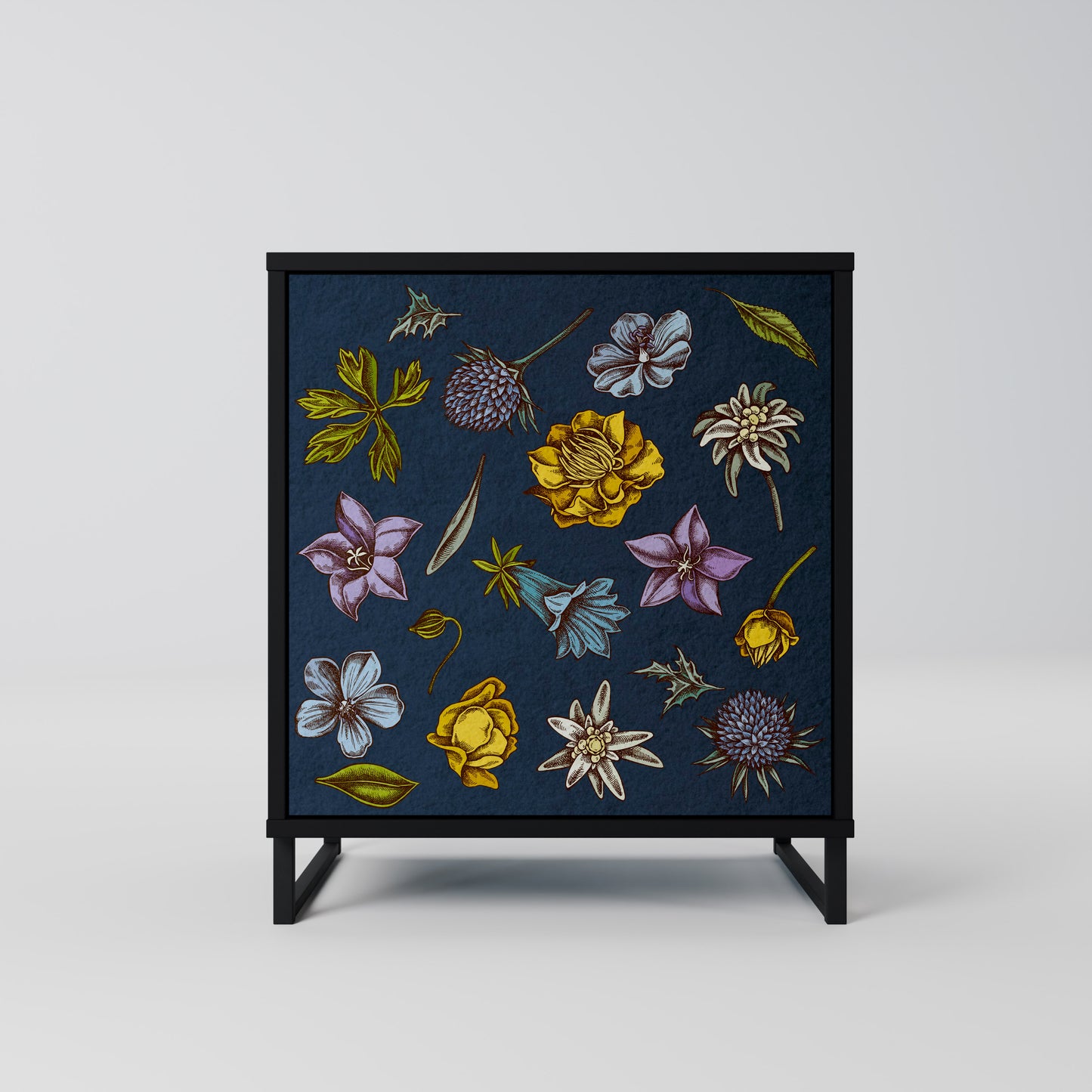 FLOWERS ON NAVY BLUE 1-Door Sideboard in Black Finish