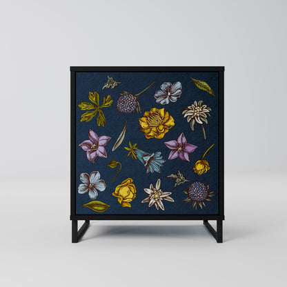 FLOWERS ON NAVY BLUE 1-Door Sideboard in Black Finish