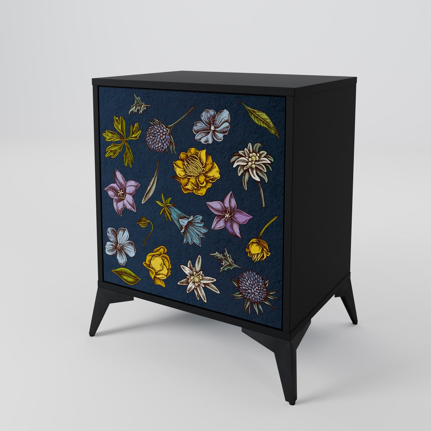 FLOWERS ON NAVY BLUE 1-Door Sideboard in Black Finish