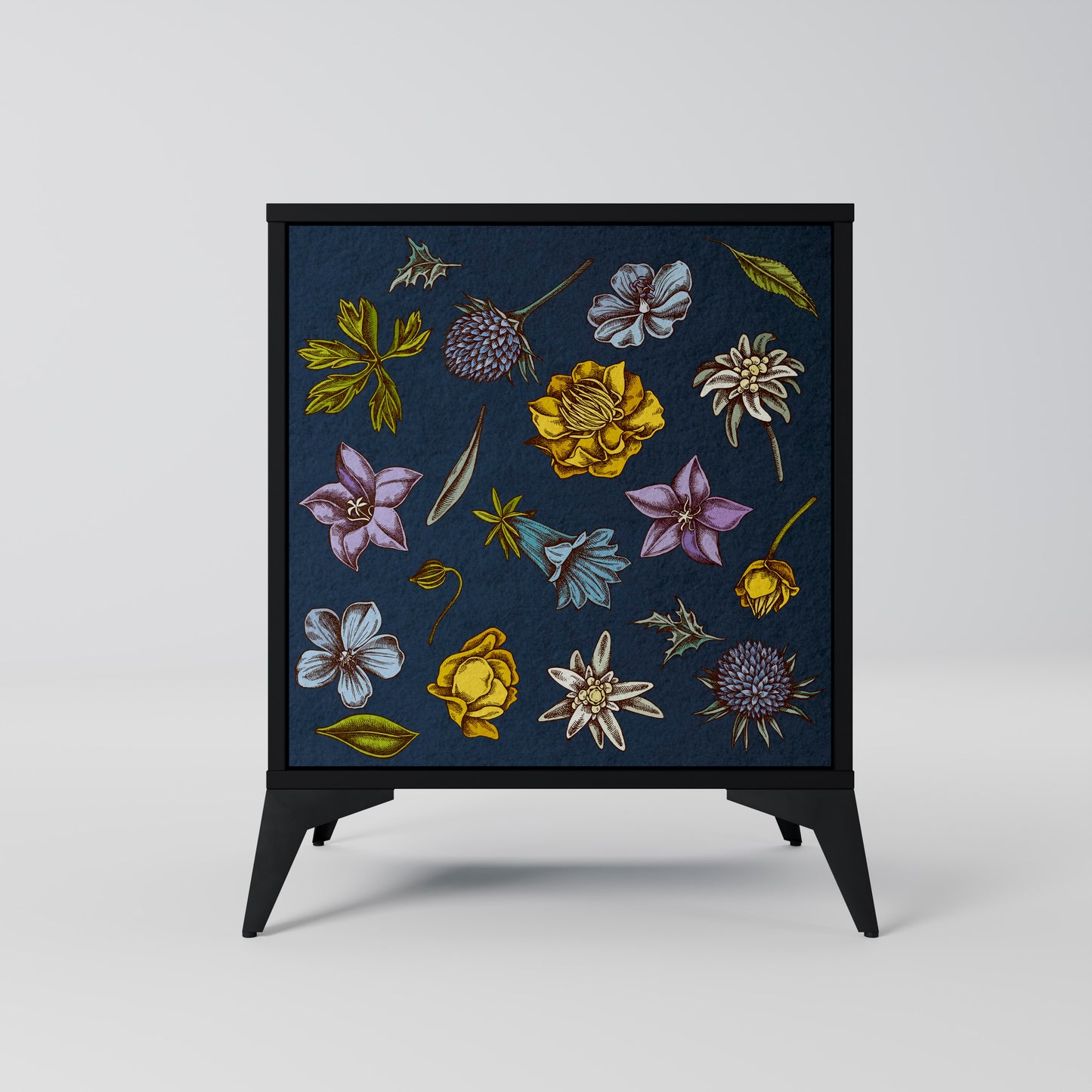 FLOWERS ON NAVY BLUE 1-Door Sideboard in Black Finish