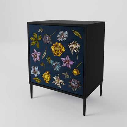 FLOWERS ON NAVY BLUE 1-Door Sideboard in Black Finish