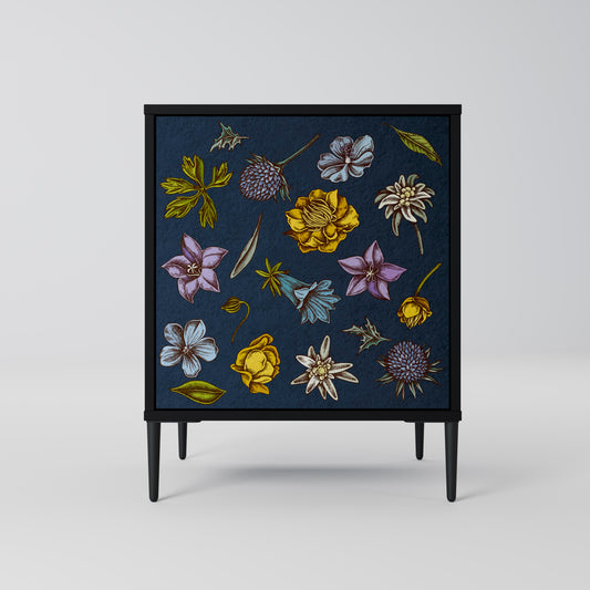 FLOWERS ON NAVY BLUE 1-Door Sideboard in Black Finish