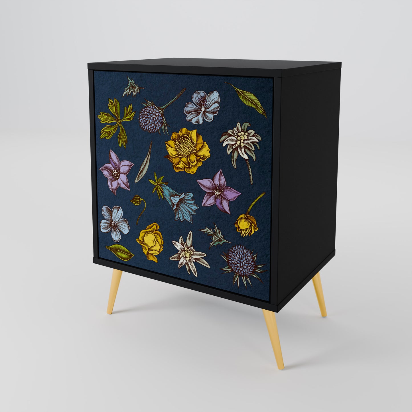 FLOWERS ON NAVY BLUE 1-Door Sideboard in Black Finish