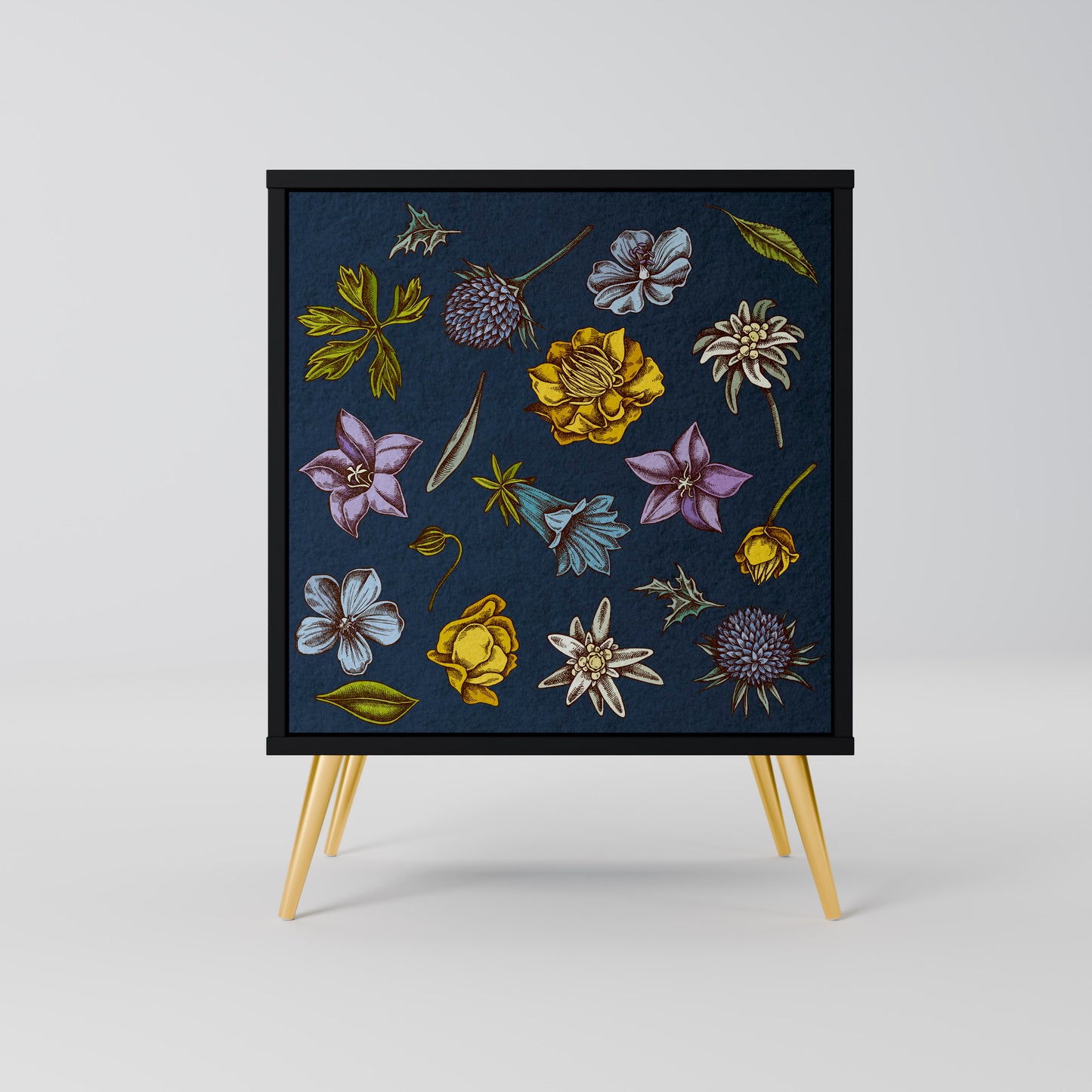 FLOWERS ON NAVY BLUE 1-Door Sideboard in Black Finish