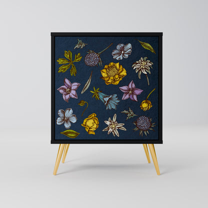 FLOWERS ON NAVY BLUE 1-Door Sideboard in Black Finish
