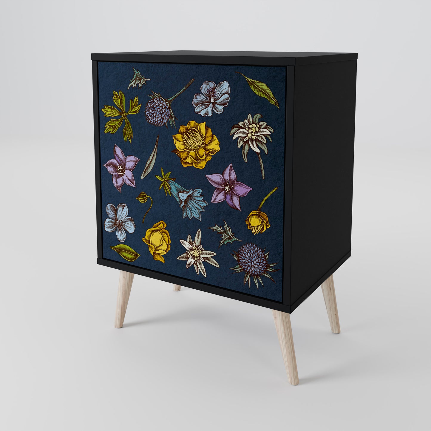 FLOWERS ON NAVY BLUE 1-Door Sideboard in Black Finish
