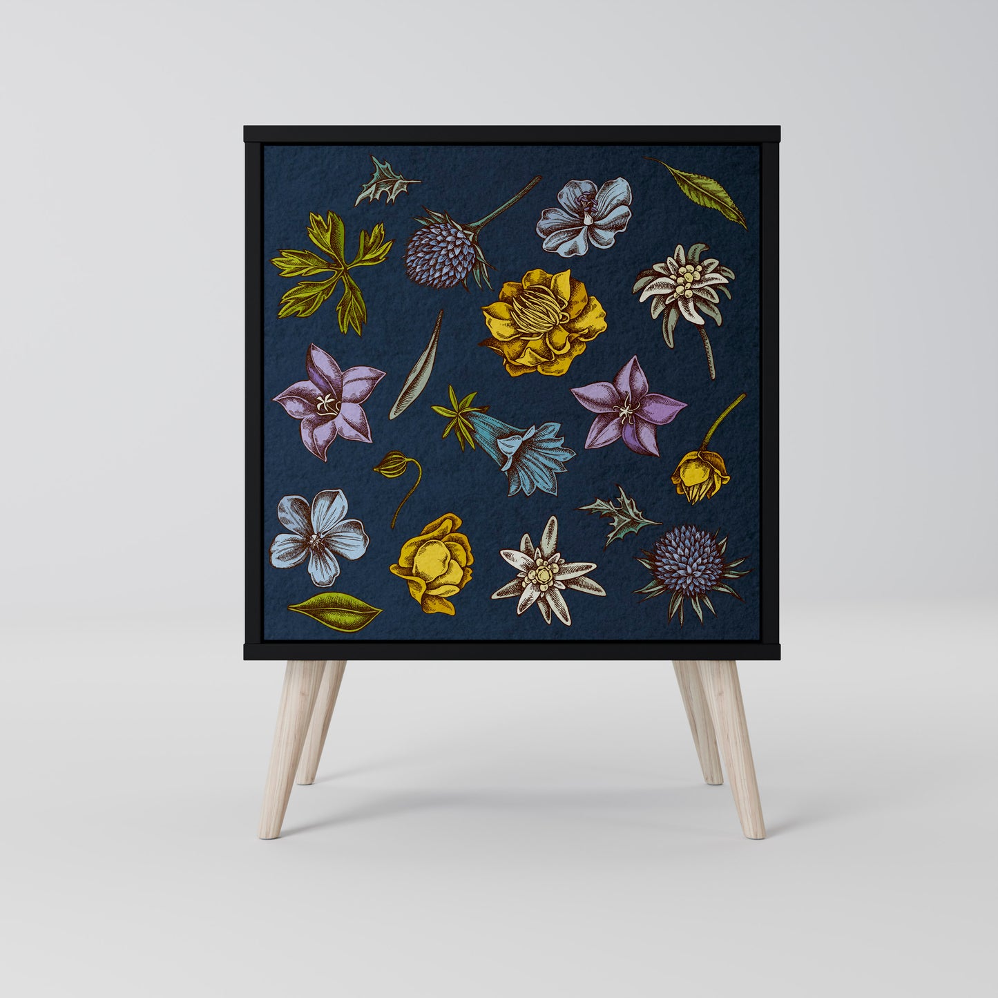 FLOWERS ON NAVY BLUE 1-Door Sideboard in Black Finish