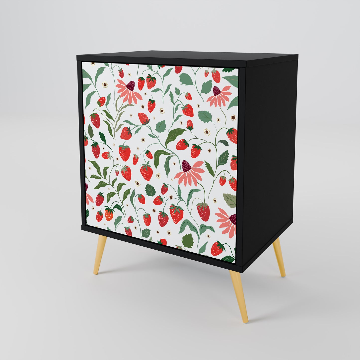 FLOWERS AND STRAWBERRIES 1-Door Sideboard in Black Finish