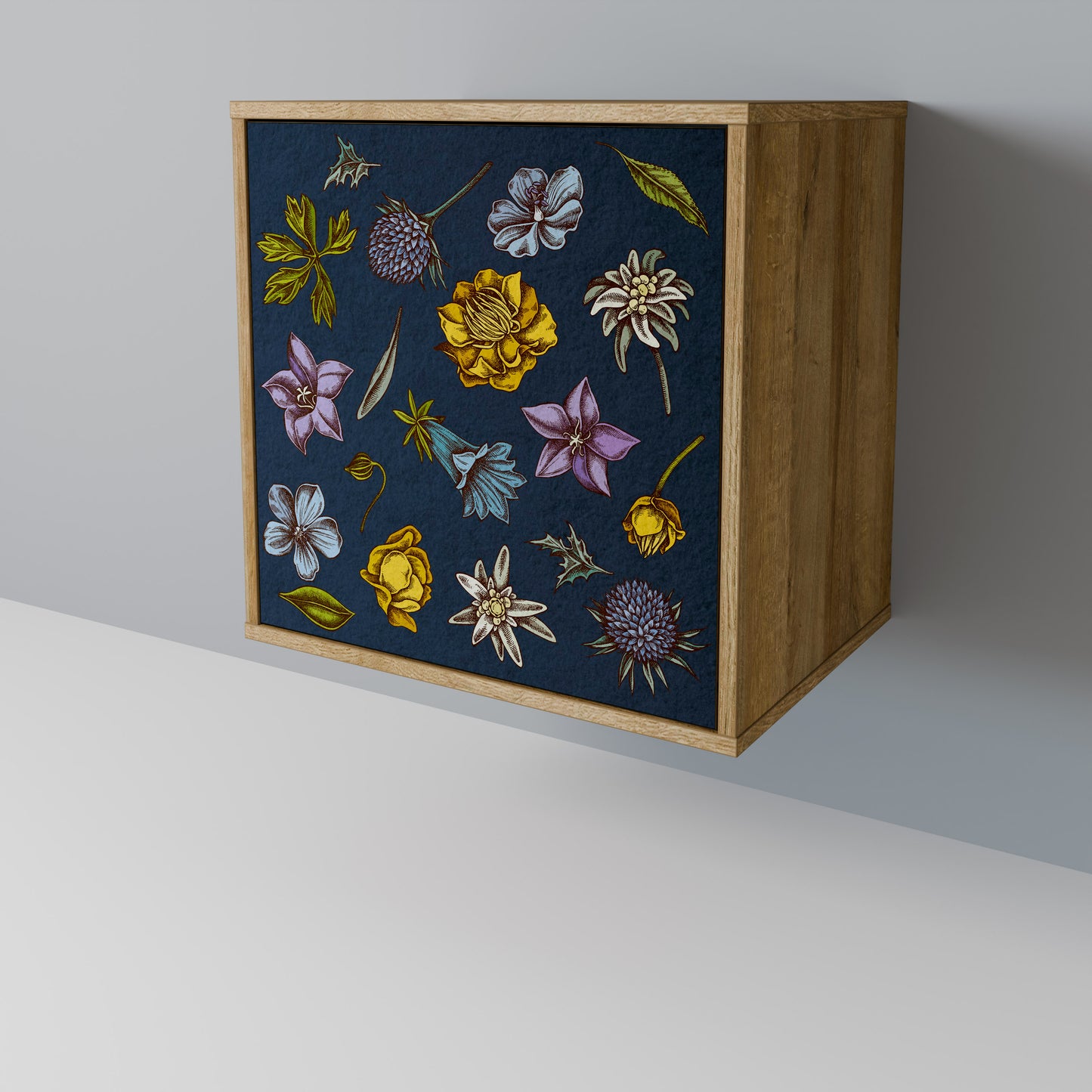 FLOWERS ON NAVY BLUE Madia a 1 anta effetto rovere