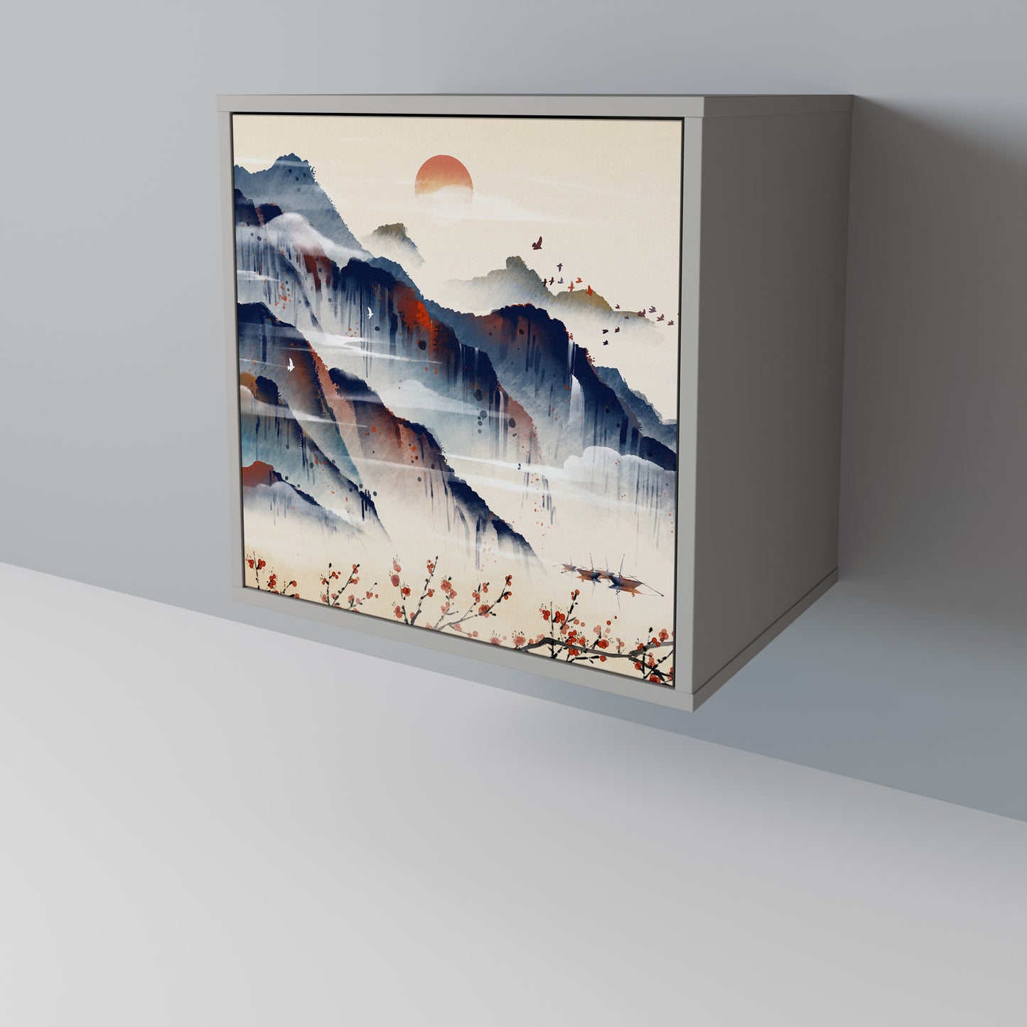 Credenza JAPANESE LANDSCAPE a 1 anta con finitura grigia