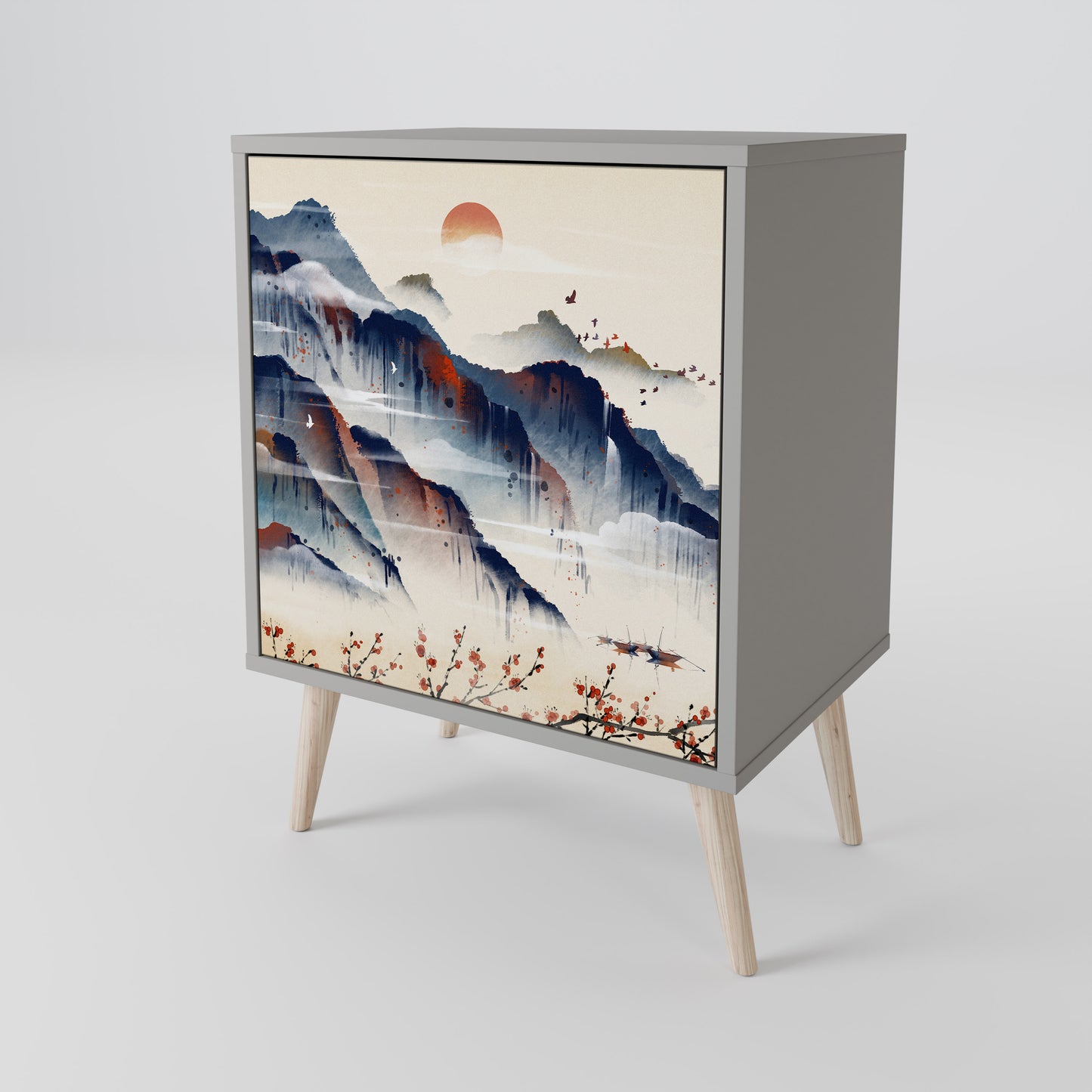Credenza JAPANESE LANDSCAPE a 1 anta con finitura grigia