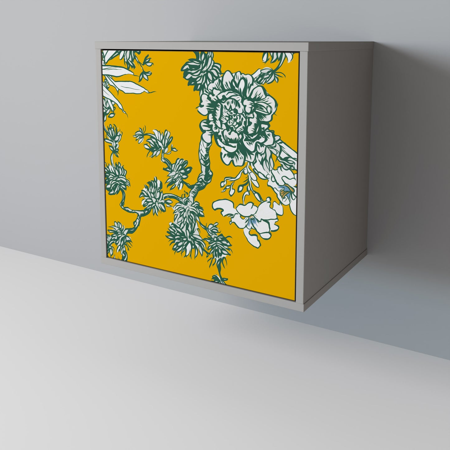 YELLOW CHINOISERIE 1-Door Sideboard in Grey Finish