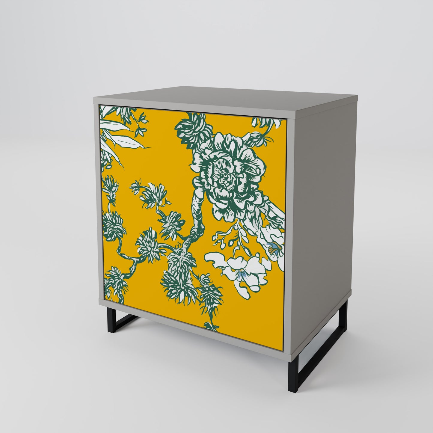YELLOW CHINOISERIE 1-Door Sideboard in Grey Finish
