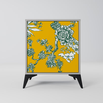 YELLOW CHINOISERIE 1-Door Sideboard in Grey Finish