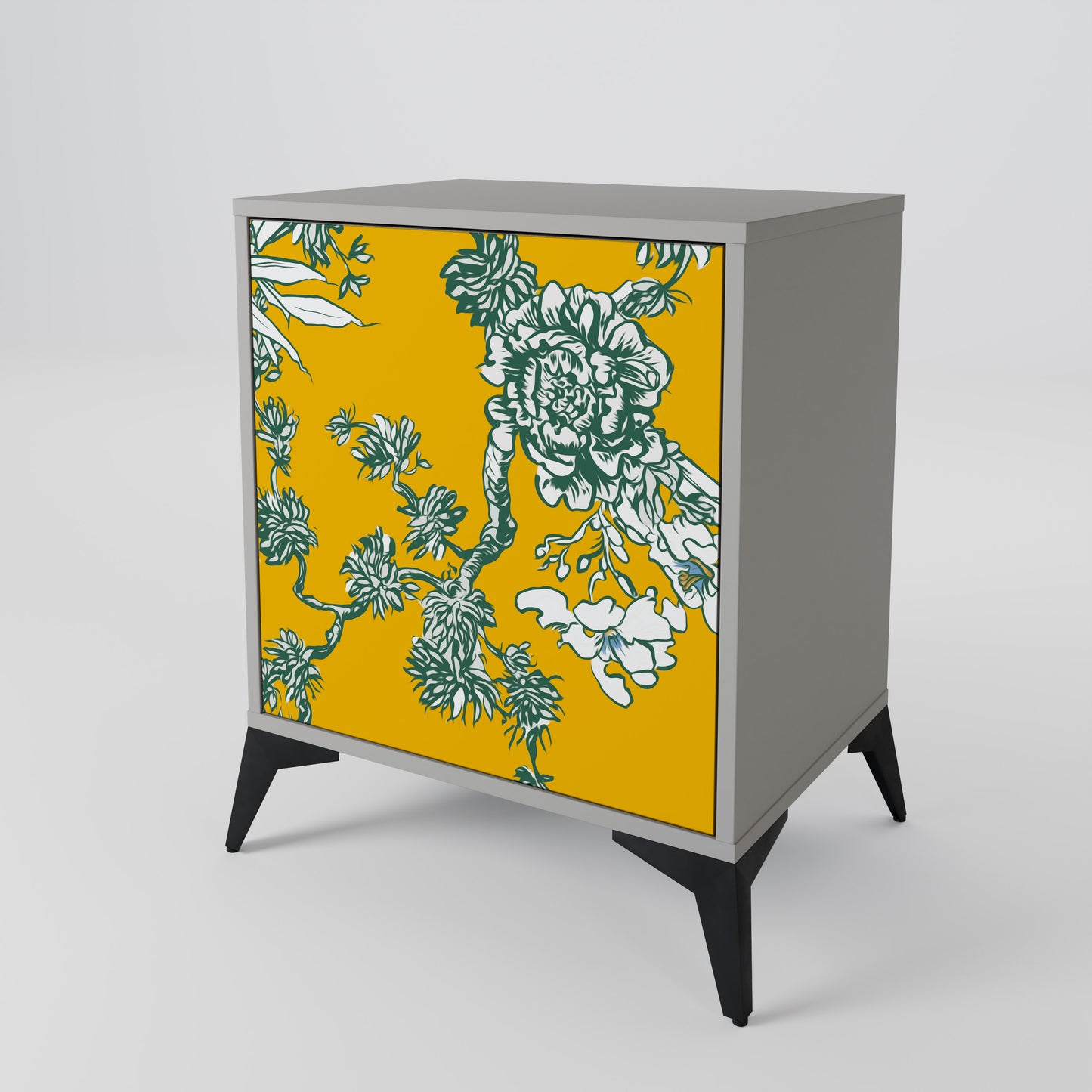 YELLOW CHINOISERIE 1-Door Sideboard in Grey Finish
