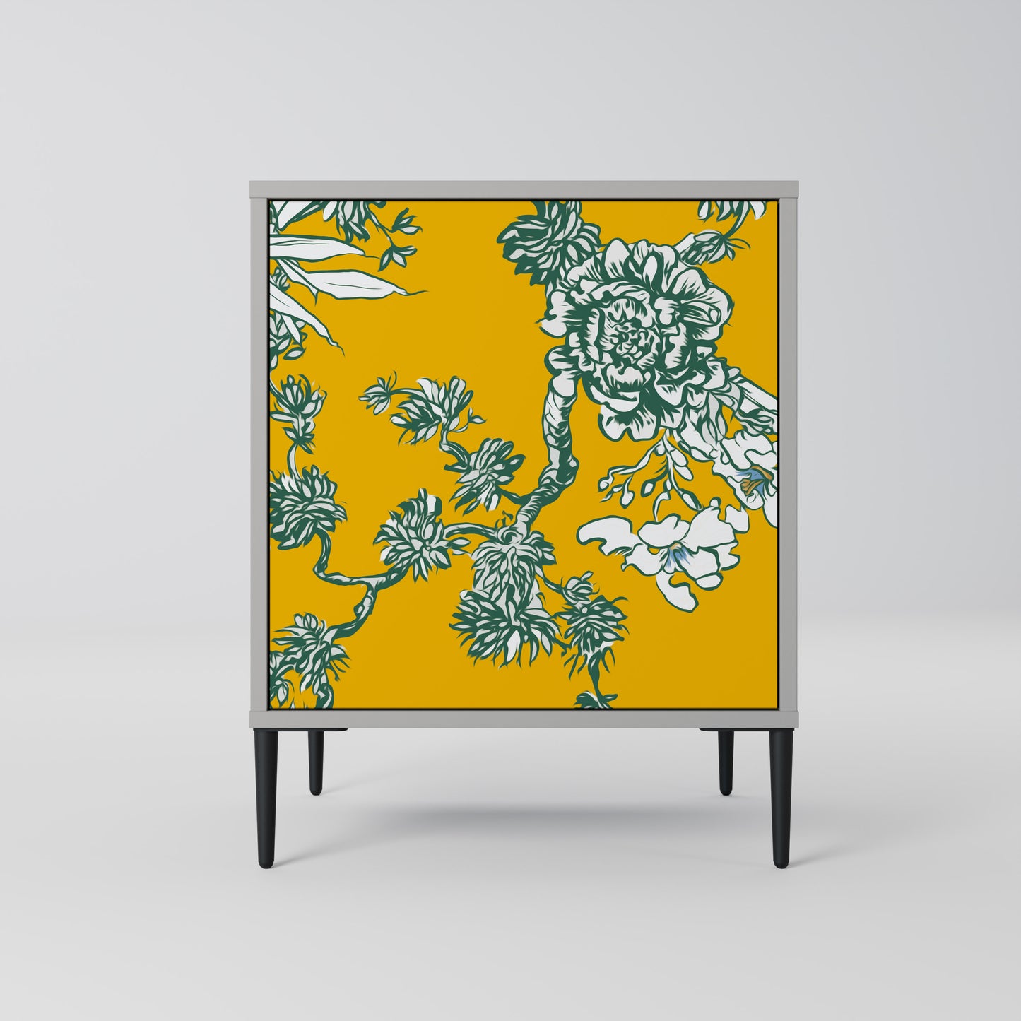 YELLOW CHINOISERIE 1-Door Sideboard in Grey Finish