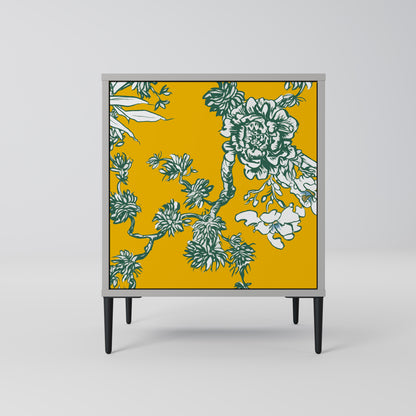 YELLOW CHINOISERIE 1-Door Sideboard in Grey Finish