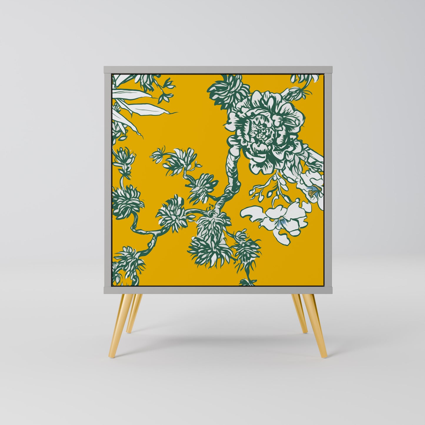 YELLOW CHINOISERIE 1-Door Sideboard in Grey Finish