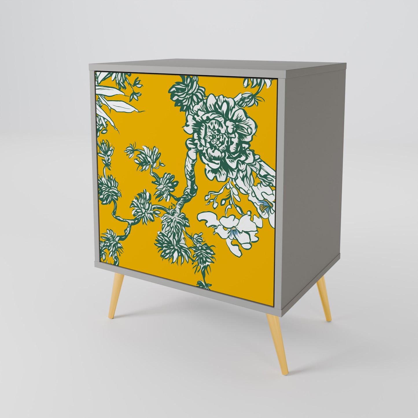 YELLOW CHINOISERIE 1-Door Sideboard in Grey Finish