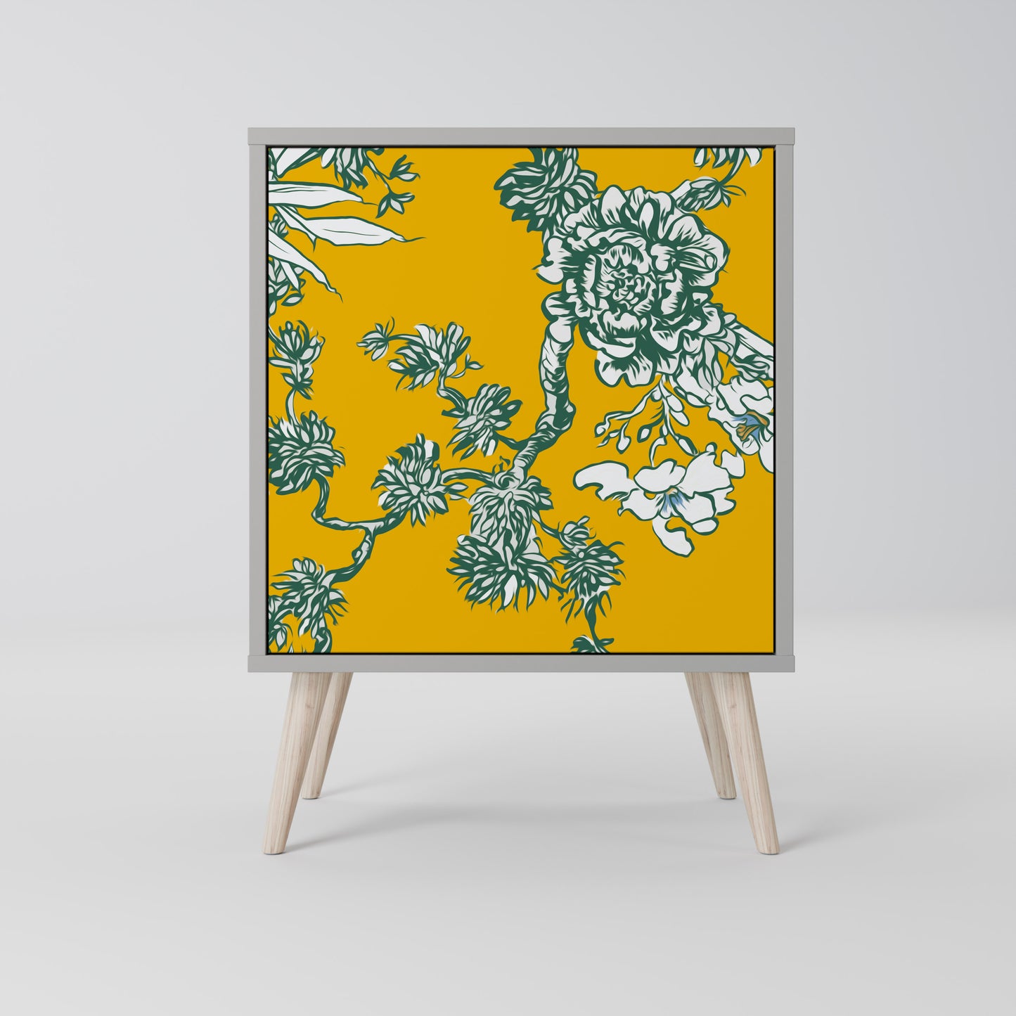 YELLOW CHINOISERIE 1-Door Sideboard in Grey Finish