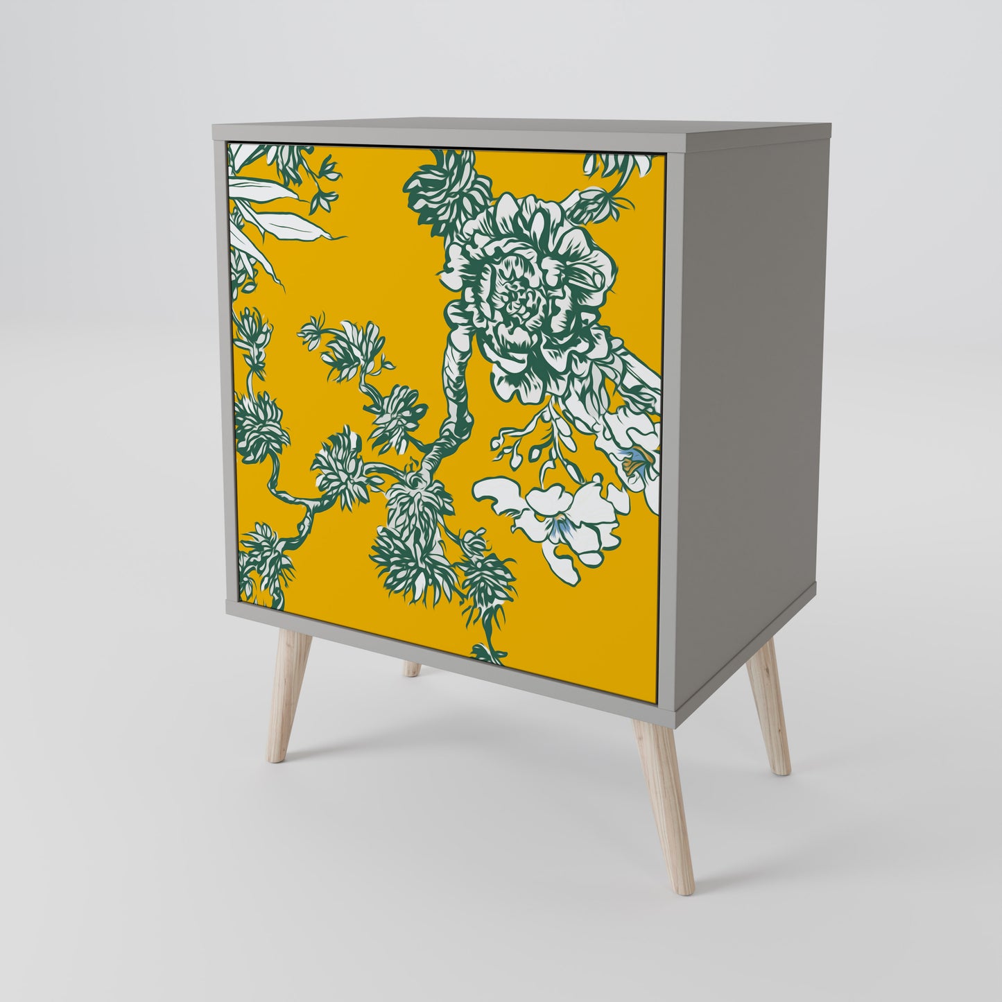 YELLOW CHINOISERIE 1-Door Sideboard in Grey Finish