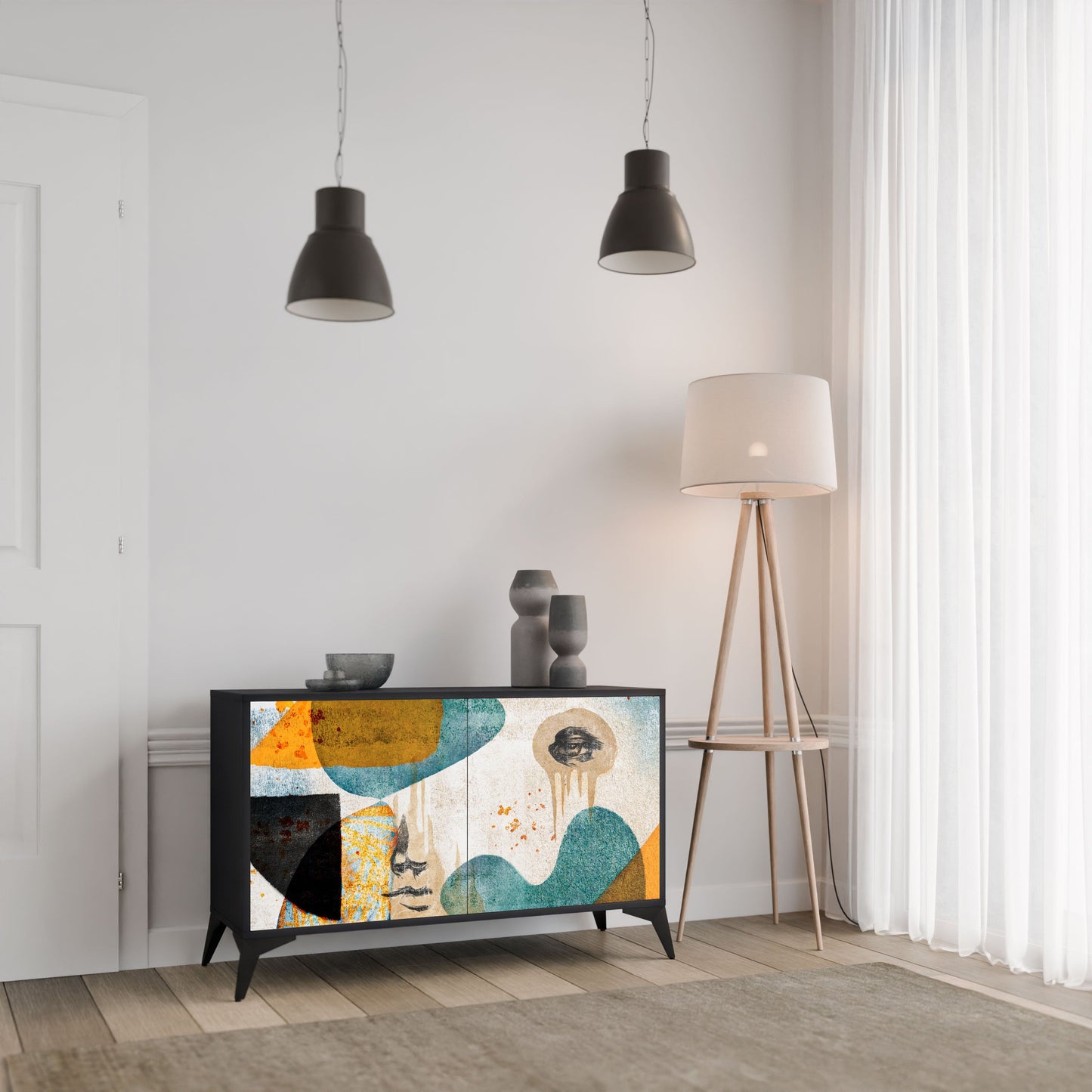 ABSTRACT FACES 2-Door Sideboard in Black Finish