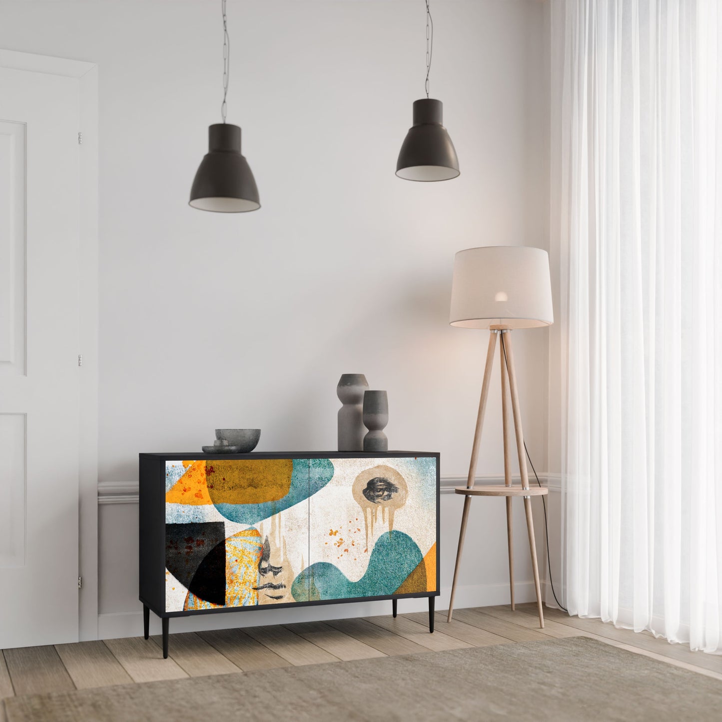 ABSTRACT FACES 2-Door Sideboard in Black Finish