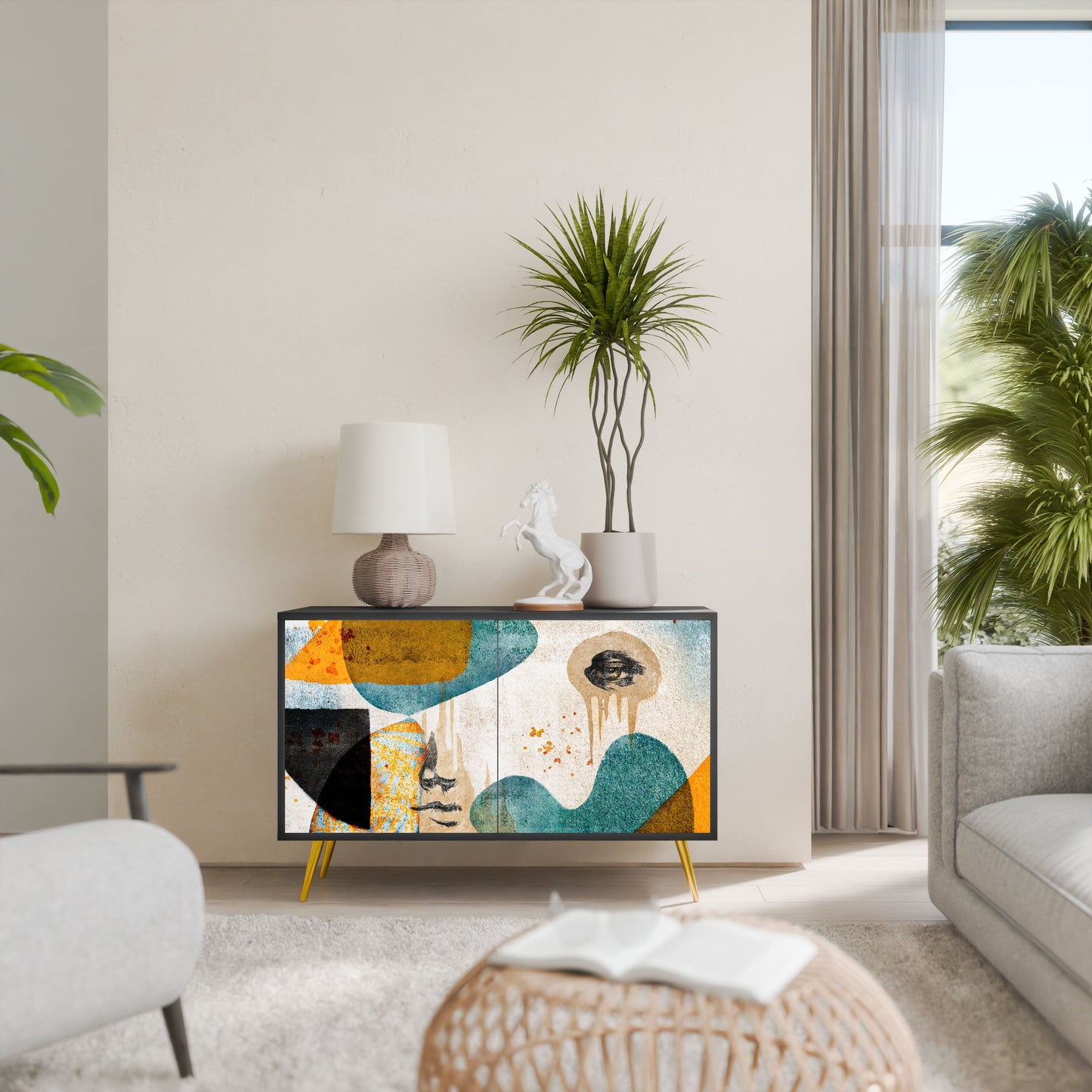 ABSTRACT FACES 2-Door Sideboard in Black Finish