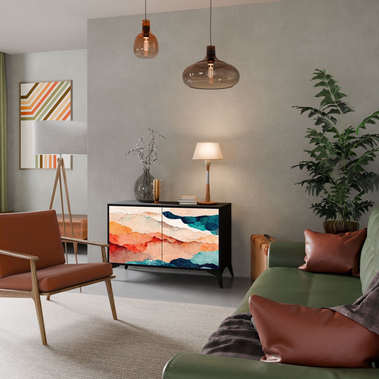 ABSTRACT LANDSCAPE 2-Door Sideboard in Black Finish