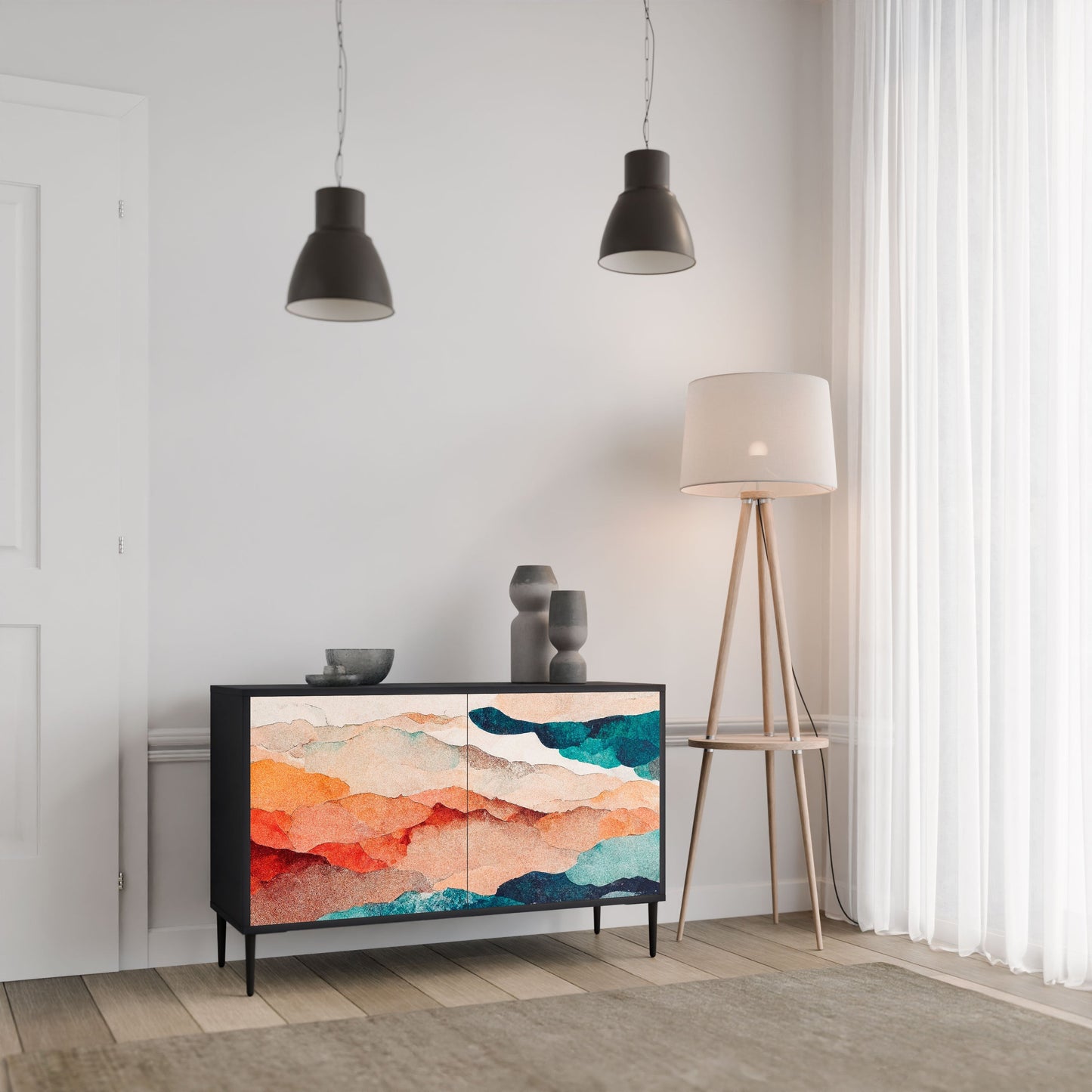 ABSTRACT LANDSCAPE 2-Door Sideboard in Black Finish