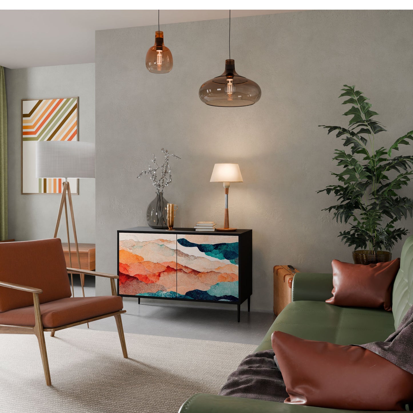 ABSTRACT LANDSCAPE 2-Door Sideboard in Black Finish