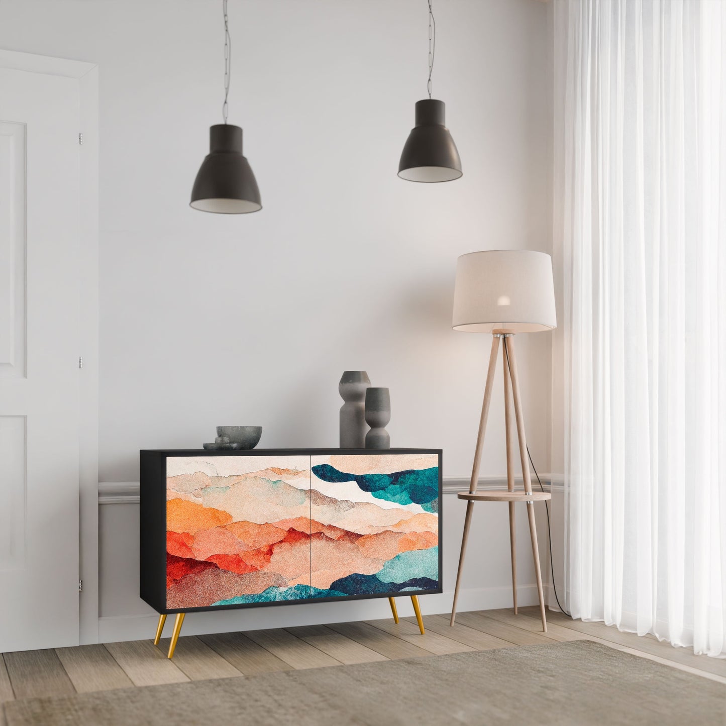 ABSTRACT LANDSCAPE 2-Door Sideboard in Black Finish