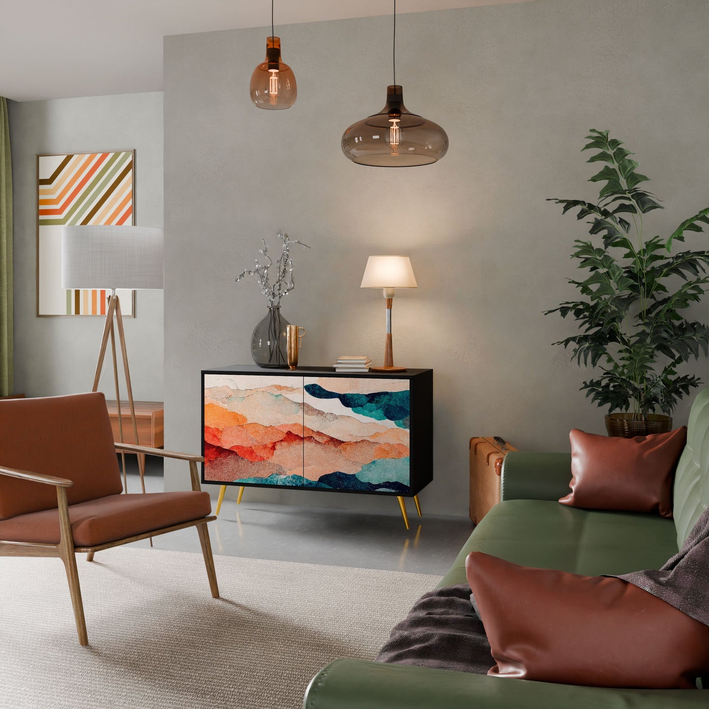 ABSTRACT LANDSCAPE 2-Door Sideboard in Black Finish