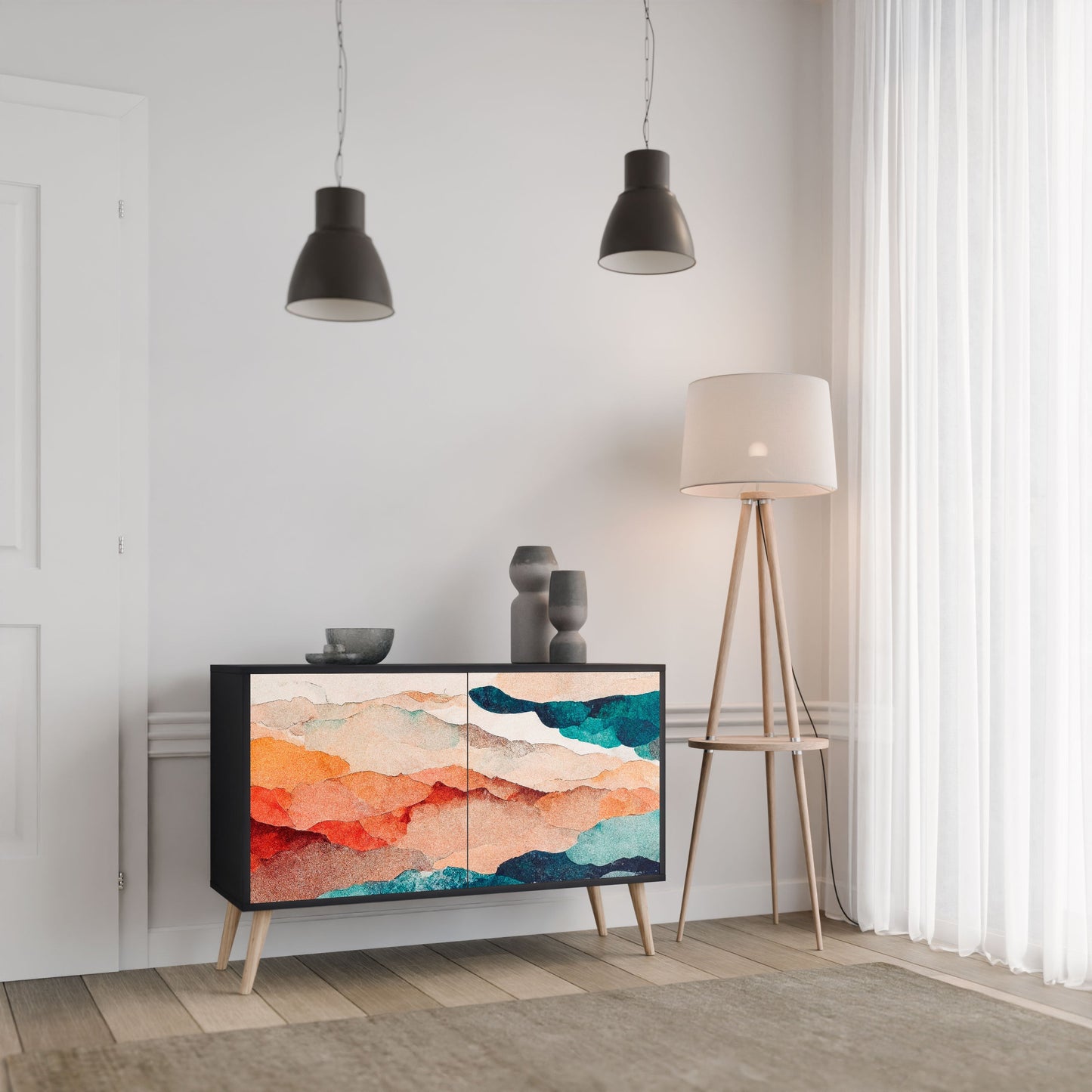 ABSTRACT LANDSCAPE 2-Door Sideboard in Black Finish