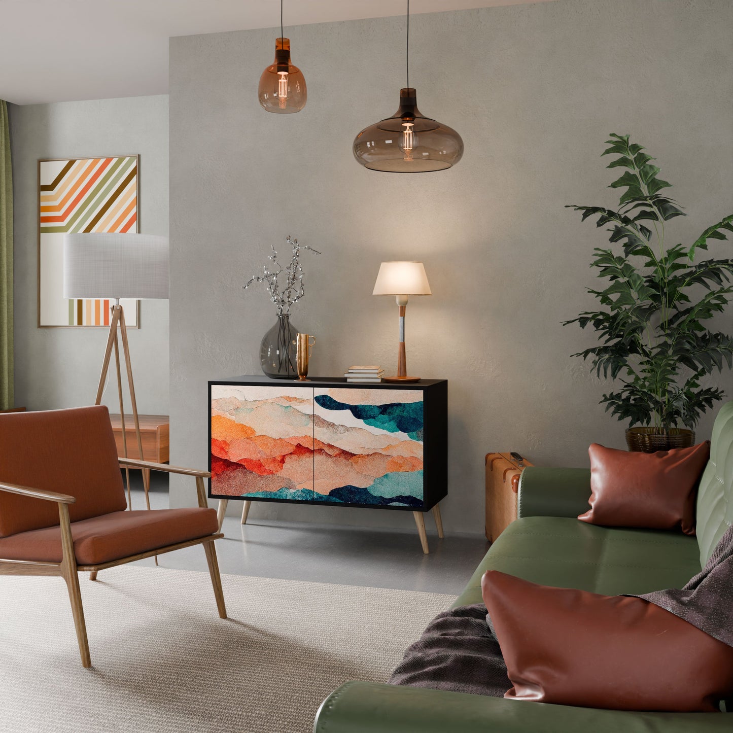 ABSTRACT LANDSCAPE 2-Door Sideboard in Black Finish