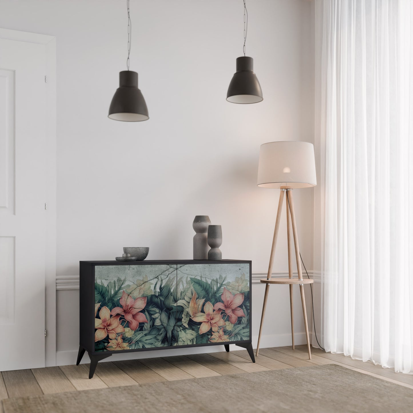 HEAVENLY BLOOM 2-Door Sideboard in Black Finish