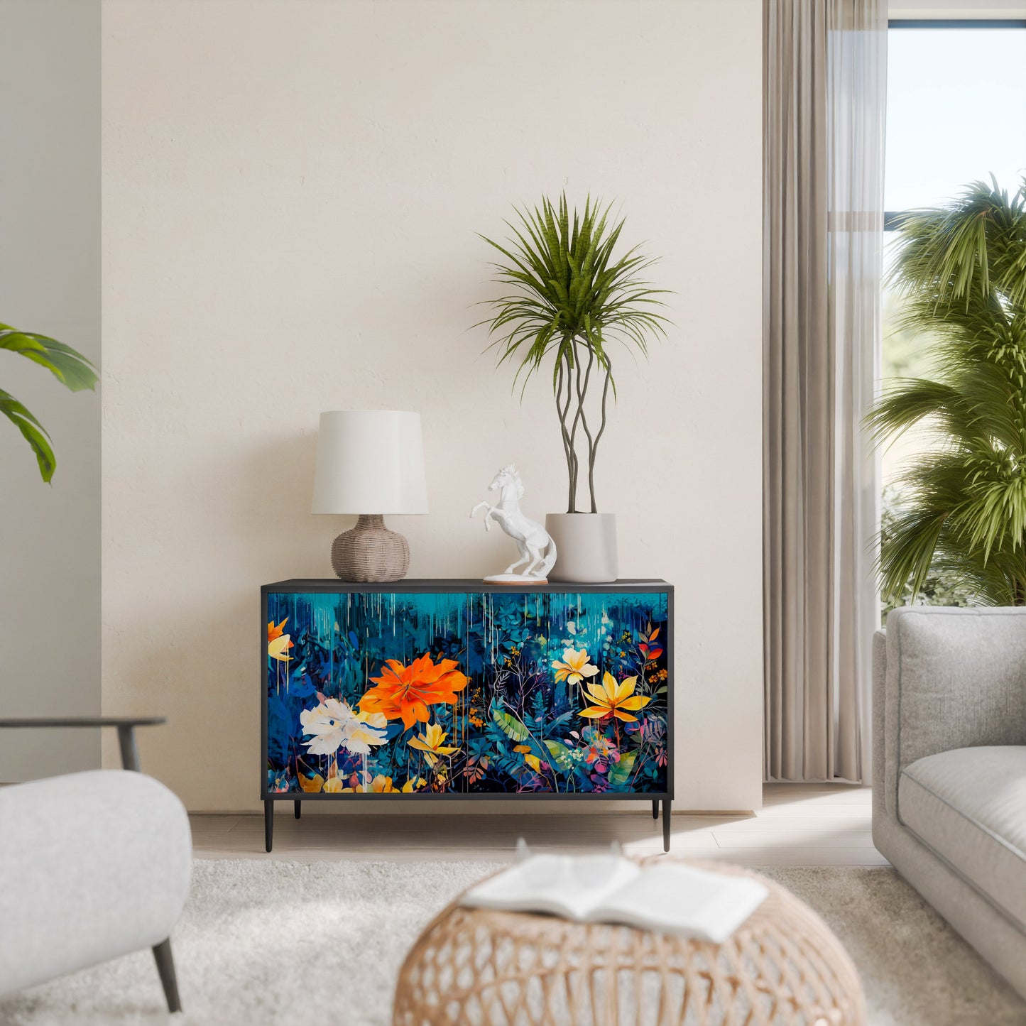 MIDNIGHT BLOSSOM 2-Door Sideboard in Black Finish