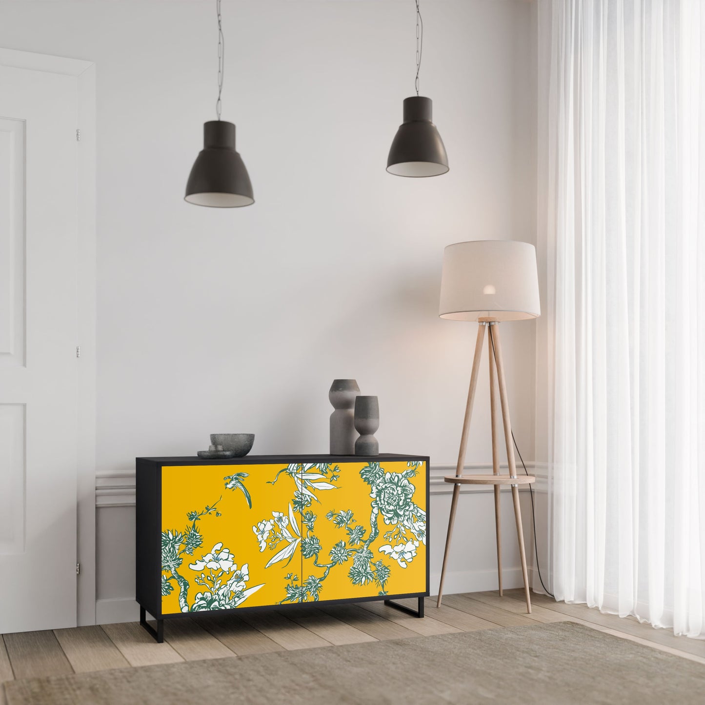 YELLOW CHINOISERIE 2-Door Sideboard in Black Finish